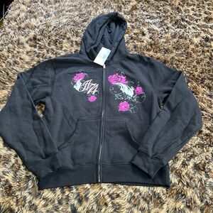 Vintage Y2K dead stock Black Hustler Hoodie with Pink Floral Design